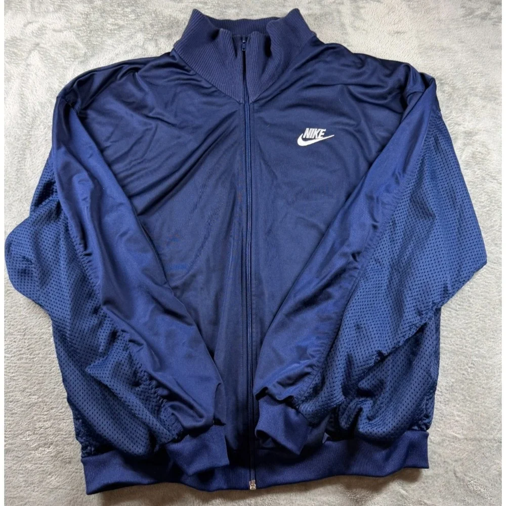 Vtg 80s 90s Nike Track Jacket XL Navy Full Zip Mesh Sleeve Warm Up
